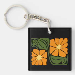 Porte-clés Vert & Orange Moderne Abstrait Floral
