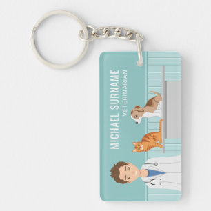 Porte-clés Vétérinaire Homme avec Chat et Chiot Nom Personnal