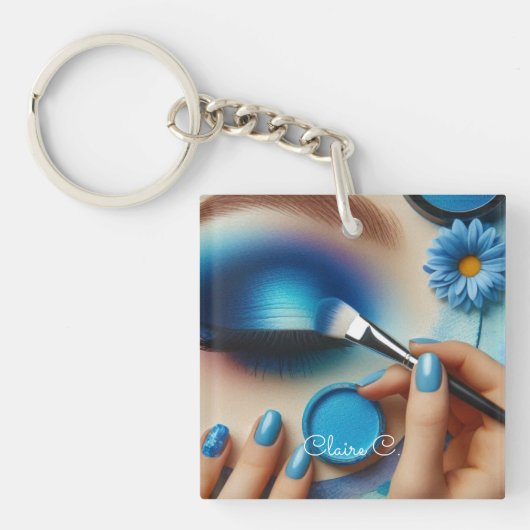 Porte-clés Vibes de maquillage en verre bleu personnalisées (Devant)