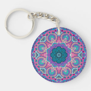 Porte-clés Vibrant bleu rose Turquoise violet floral Mandala