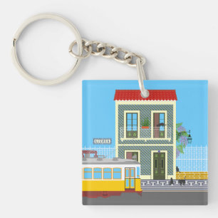 Porte-clés Vieille maison de Lisbonne avec chats et tramway j