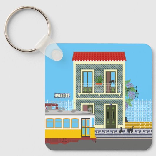 Porte-clés Vieille maison de Lisbonne avec chats et tramway j (Recto)
