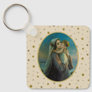 Porte-clés Vierge Marie et bébé Jésus sur Arrière - plan étoi