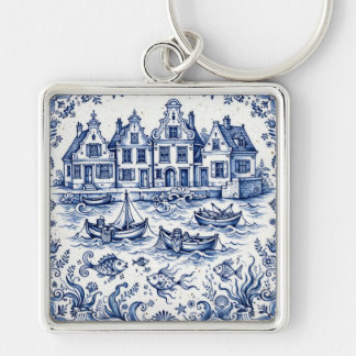 Porte-clés Ville de Delft & Port de Pêche Bleu Cobalt Blanc