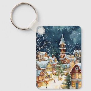 Porte-clés Ville de Noël illustrative dans la neige
