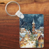 Porte-clés Ville de Noël illustrative dans la neige (Recto)