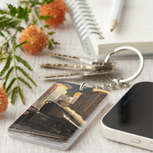 Porte-clés Ville vintage, train duplex T1 sur voies ferrées