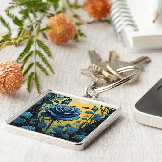 Porte-clés Vins Rose bleu 2 Carré (Côté)