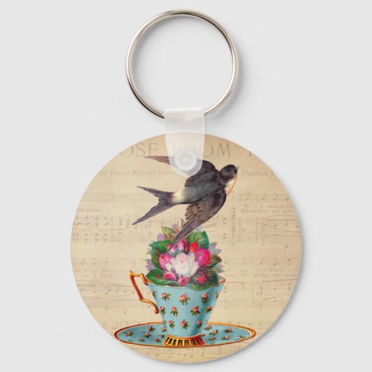 Porte-clés Vintage Bird, Roses et Teacup (Recto)