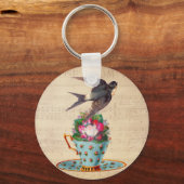 Porte-clés Vintage Bird, Roses et Teacup (Recto)