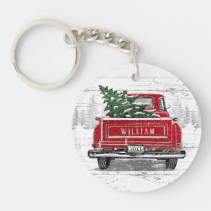 Porte-clés Vintage Camion Rouge Arbre de Noël Nom Bois rusti