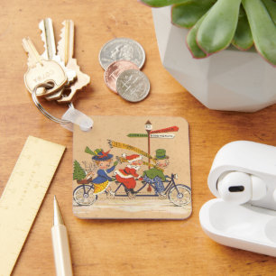 Porte-clés Vintage Christmas, Santa Claus Riding a Bicycle