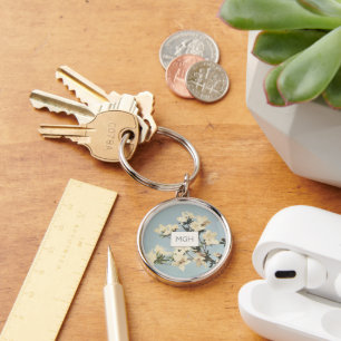 Porte-clés Vintage Crème blanche Azalea Fleurs Monogramme