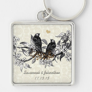 Porte-clés Vintage Gray Birds Hand Drawn Blooms Key Chain