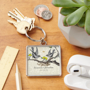 Porte-clés Vintage Gray Birds Plum Flowers Wedding Key Chain