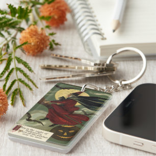 Porte-clés Vintage Halloween sorcière Broomstick avec chat