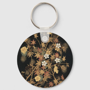 Porte-clés Vintage japonais Automne Or Floral Noir Art