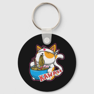 Porte-clés vintage kawaii chat manger ramen anime retro Japan