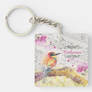 Porte-clés Vintage oiseau sur les fleurs roses de l'arbre déc