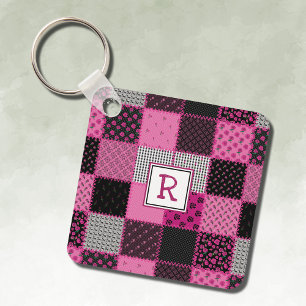 Porte-clés Vintage Patchwork Quilt Pink and Black Keychain
