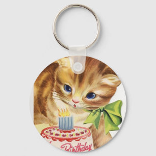 Porte-clés Vintage Retro Cat Kitten Anniversaire Gâteau Salut