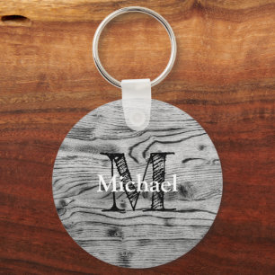 Porte-clés Vintage rustique gris noir bois brûlé Monogramme