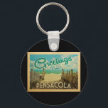 Porte-clés Vintage voyage de plage Pensacola<br><div class="desc">Ce design de carte postale vintage de Pensacola présente une plage de sable avec une belle eau turquoise de l'océan et au-dessus de la mer,  un ciel bleu avec des nuages blancs lustrés. Dans un style de voyage vintage.</div>