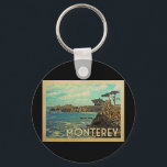 Porte-clés Vintage voyage Monterey California<br><div class="desc">Le design de Monterey California dans le style Vintage voyage avec une scène côtière avec l'océan Pacifique et la côte rocheuse pittoresque de Californie.</div>