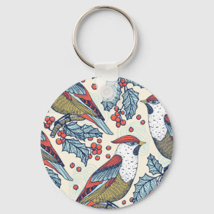 Porte-clés Vintage Waxwings Holly Motif de Noël