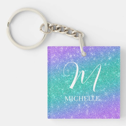 Porte-clés Violet et Vert Faux Paillettes Nom et Initiale (Devant)