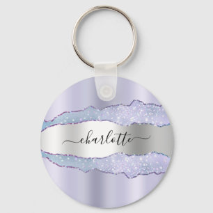 Porte-clés Violet lavande argent agate nom marbre