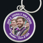 Porte-clés Violet Marching Band Photo High School Spirit<br><div class="desc">Ce cool customisé au lycée marching band photo présente la typographie blanche de votre équipe et le nom du joueur sur un porte - clé violet de brag pour les parents. Personnalisez avec la photo de votre élève et l'année de classe comme un parent fier. Maman et papa peuvent les...</div>