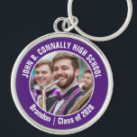 Porte-clés Violet Marching Band Photo High School Spirit<br><div class="desc">Ce cool customisé au lycée marching band photo présente la typographie blanche de votre équipe et le nom du joueur sur un porte - clé violet de brag pour les parents. Personnalisez avec la photo de votre élève et l'année de classe comme un parent fier. Maman et papa peuvent les...</div>