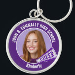 Porte-clés Violet Pom-pom girl Photo High School Spirit<br><div class="desc">Ce cadeau photo de pom-pom girl cool customisé au lycée présente une typographie blanche de votre équipe et le nom du joueur sur un porte - clé violet avec un mégaphone plus gai. Personnalisez avec la photo de votre élève et l'année de classe en tant que parent encourageant fier. Un...</div>