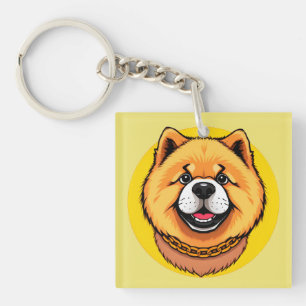 Porte-clés Visage de chien Chow Chow souriant et chaîne dorée