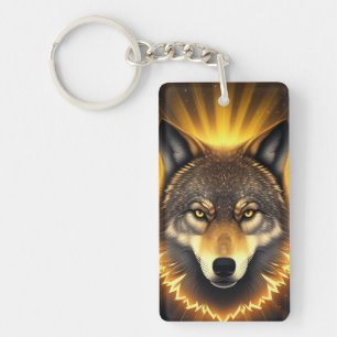 Porte-clés Visage de Loup Doré Art Émanant une Énergie Lumine