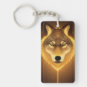 Porte-clés Visage de Loup Doré Art Émanant une Énergie Lumine