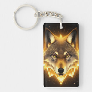 Porte-clés Visage de Loup Doré Émanant une Énergie Lumineuse