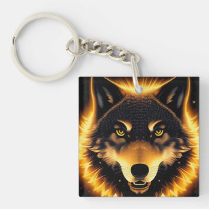 Porte-clés Visage de Loup Radieux Illuminé par une Lumière Do