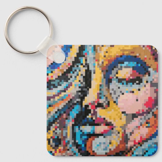 Porte-clés Visage pixelisé abstrait coloré (Recto)