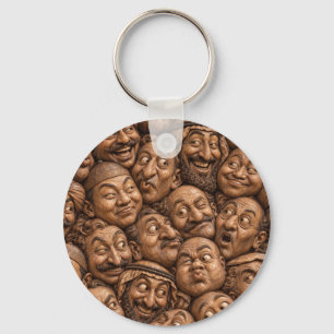 Porte-clés Visages en Bois Sculpté Motif Bohème Vintage