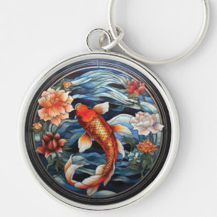 Porte-clés Vitrail asiatique style Koi Poisson et Camellias