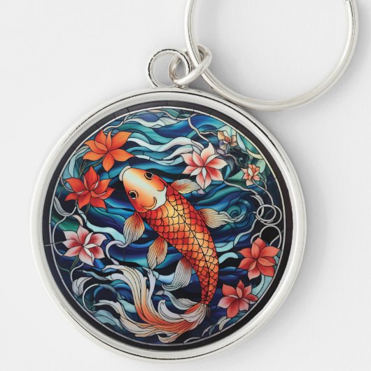 Porte-clés Vitrail asiatique style Koi Poisson et Camellias (Devant)