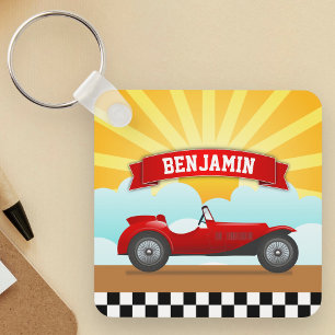 Porte-clés Voiture de course rouge vintage avec nom personnal
