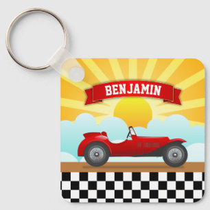 Porte-clés Voiture de course rouge vintage nom personnalisé e