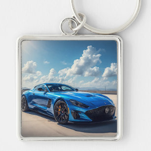 Porte-clés Voiture de sport bleue élégante sous un ciel nuage