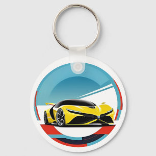 Porte-clés Voiture de sport jaune en rond illustratif moderne