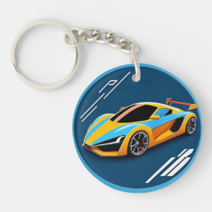 Porte-clés Voiture de sport jaune sur fond bleu