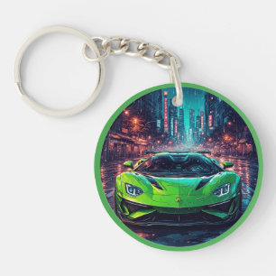 Porte-clés Voiture de sport verte sur une rue néonique pluvie