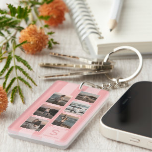 Porte-clés Vos photos de famille sur un fond rose corail roug